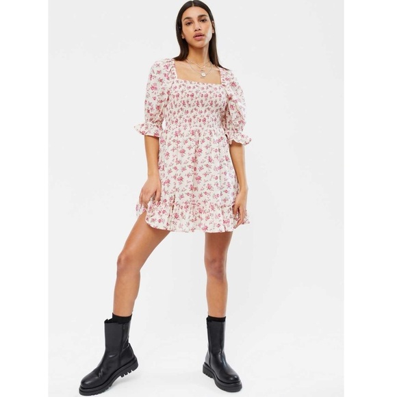 New Look Pink Floral Shirred Puff Sleeve Tie-Back Cotton Smock Mini Dress 14 - Picture 2 of 15